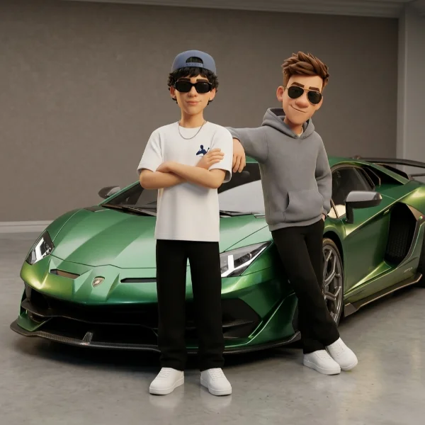 Two stylized creators in front of a green Lamborghini — the AI video blueprint artwork