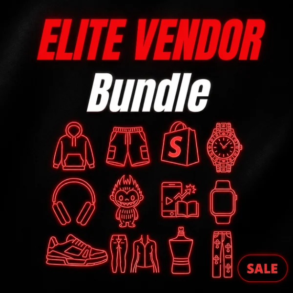 Elite Vendor Bundle artwork with red neon outlines of hoodies, sneakers and watches