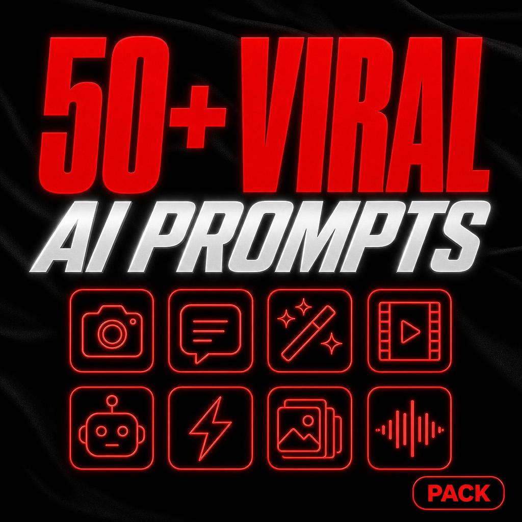 50+ Viral AI Prompts pack artwork in red and white on black