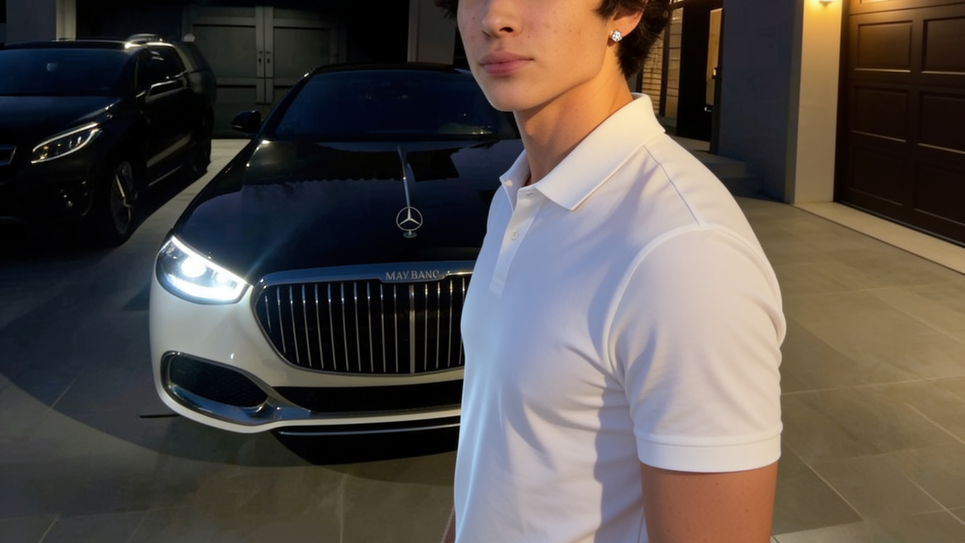 Nate, the creator behind NateAssets, in a white polo shirt in front of a Maybach and SUV